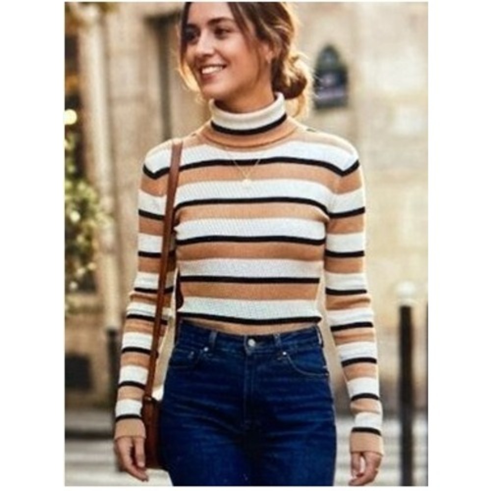 Maeve Anthropologie Striped Turtleneck Sweater Ribbed Tan Cream Black Sz M